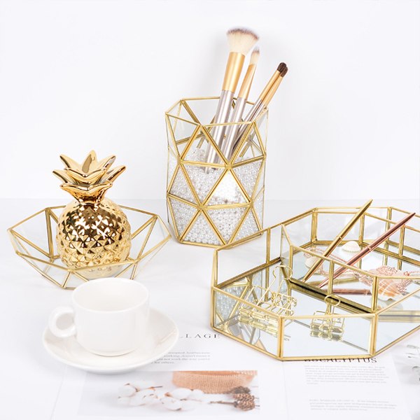 Retro Messing Opbevaringsbakke Glas Makeup Organizer Bakke Dessert Snack Plade Smykke Display Stativ Hjem Køkken Indretning