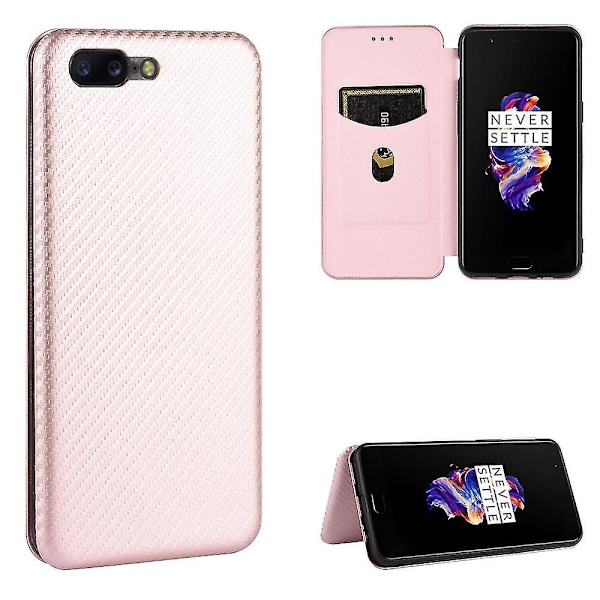 För Oneplus 5 Kolfiber Läderfodral-B6 Rosa