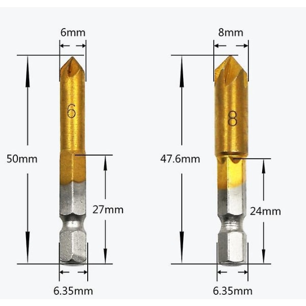 6 stk 90 grader 5 fløyte forsenket hullkuttersett med titanbelegg - 1/4" sekskantskaft, 6 mm, 8 mm, 9 mm, 12 mm, for trebearbeidingsbor.