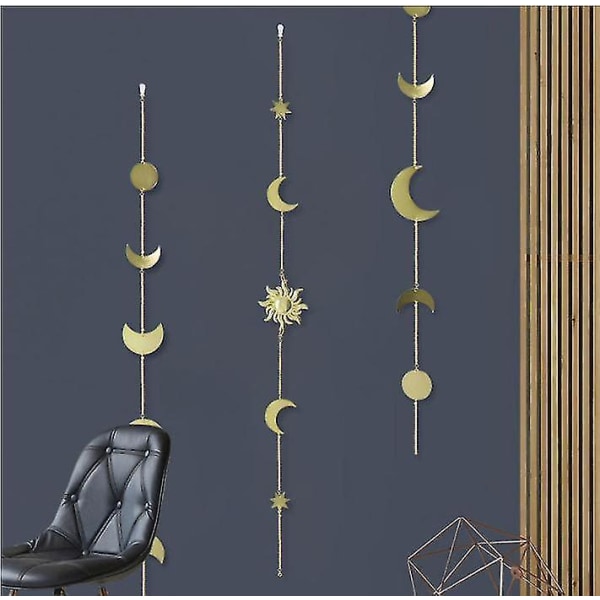 Boho Chic Gold Moon Phase Garland Väggdekor för lägenhet, sovsal, kontor, barnkammare, vardagsrum, sovrum - metallväggdekorationer och konst