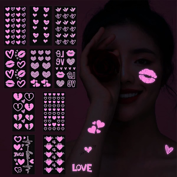 Valentine's Day Glow Pink Tattoo Stickers - Set of 10