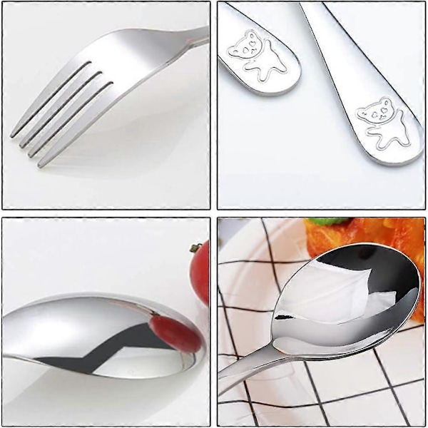 Barnbestickset i rostfritt stål 3 x Gaffel och 3 x Sked för Användning Hemma och i Skolan (Björn, Silver)