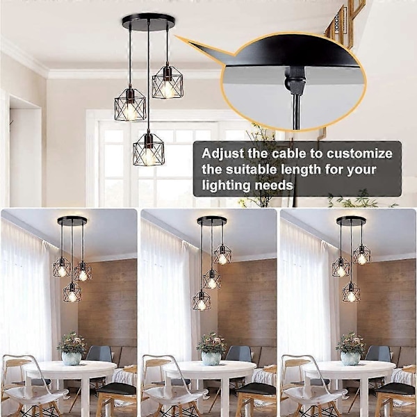 Pendellampa Retro 3 Lampor Taklampa Industriell Infälld Taklampa Svart Geometrisk Taklampa För Kök Matsal Hall Entré
