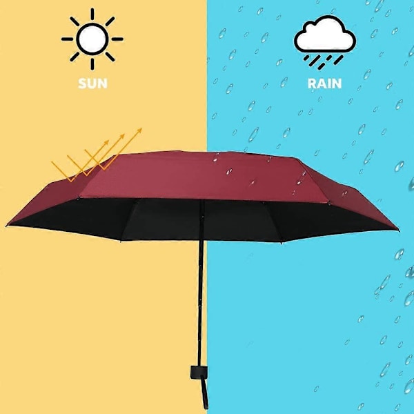 Punainen kokoontaitettava sateenvarjo, mini aurinkosateenvarjo, tasku- ja matkasateenvarjo, ultrakevyt, muodikas, kompakti, kannettava, UV-suojattu, ihanteellinen reppuun/laukkuun