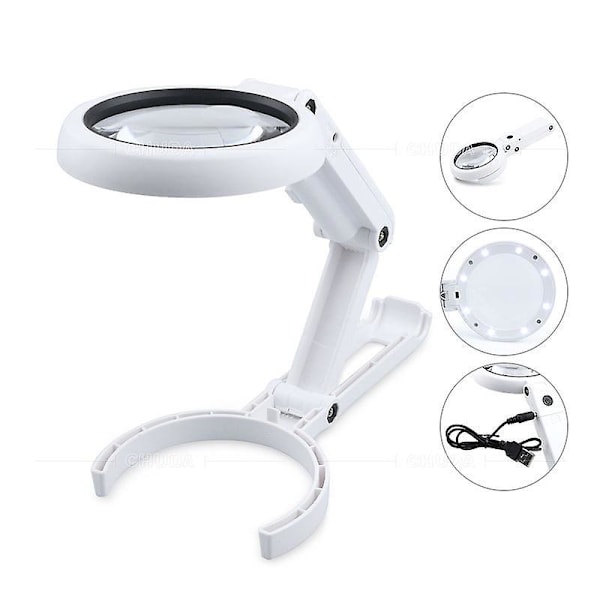 5 X Handhållen Förstoringsglas - Vikbart Bordsstativ - Förstoringsglas med Ljus och Ställ - Laddas med Batteri eller USB-kontakt - 8 LED-lampor