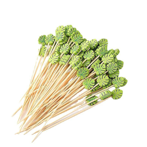 Bambus Cocktailpinner - 100 Grønne Blad Tannpirkere, 12cm, Perfekt for Party Snacks, Frukt & Smørbrød
