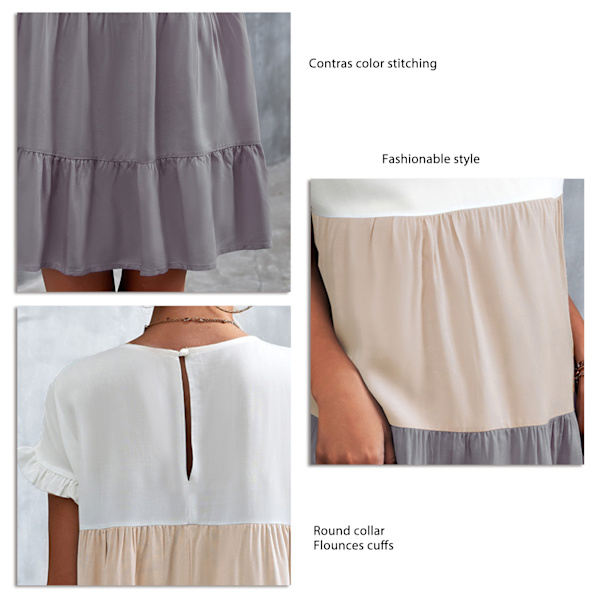 Klassisk patchworkkjole i kontrastfarve - flæsede manchetter, kan maskinvaskes (Sommer Khaki, L)
