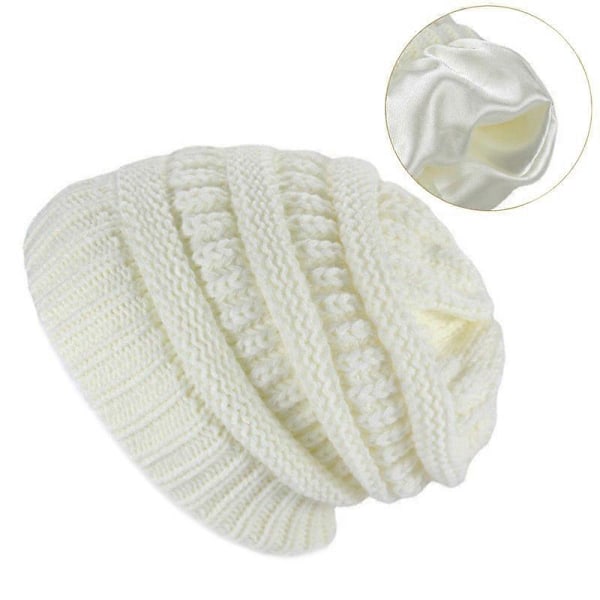 Vinterstrikkede huer til mænd og kvinder, dobbelt lag, vinterhatte, beanie, satin interiør, minimalistisk stil hvid