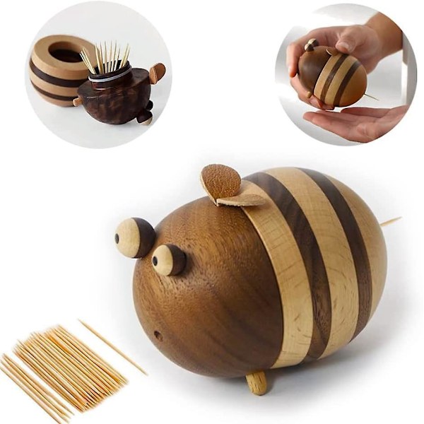 Wooden Bee Toothpick Holder Dispenser - Cute Home Office Desk Decor and Birthday Gift for Mom and Friends