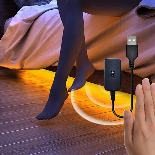 Bevegelsessensor Lyslist 9,8ft Varm Hvit Fleksibel Skaplys 5V USB LED-list Nattlys for Trappe Under Skap Kjøkken