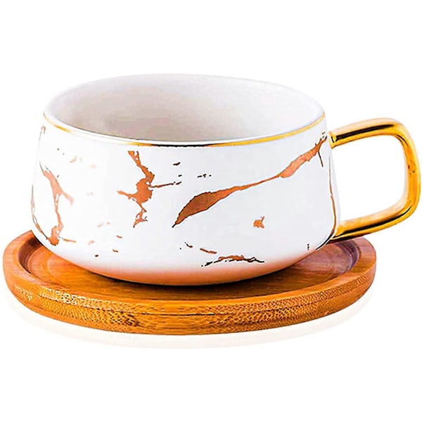 Stiliserad Keramik och Tisane Kaffe Te Kopp Set Typ Gyllene Porslin Nordiskt Marmormönster och Japansk Akacia Trä 300ml Vit Guld Pate