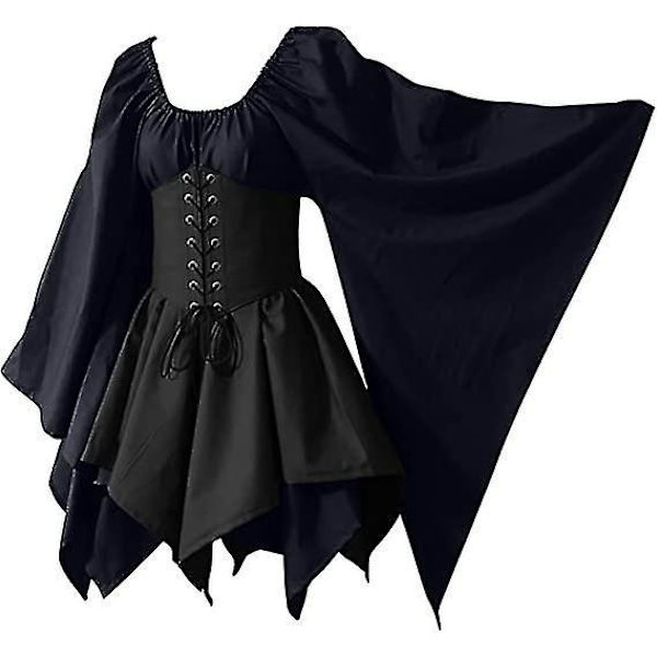 Middelalder Pirat Korsetkjole med Flare Ærmer - Traditionel Irsk Stil - Sort (4XL)