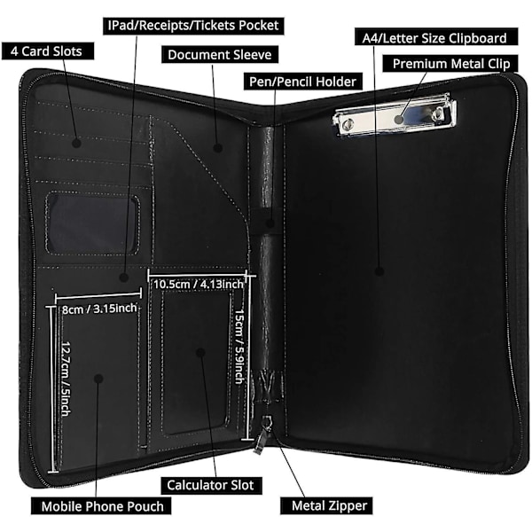 Zipper Portfolio Organizer med A4-klämma - Brun PU-läder