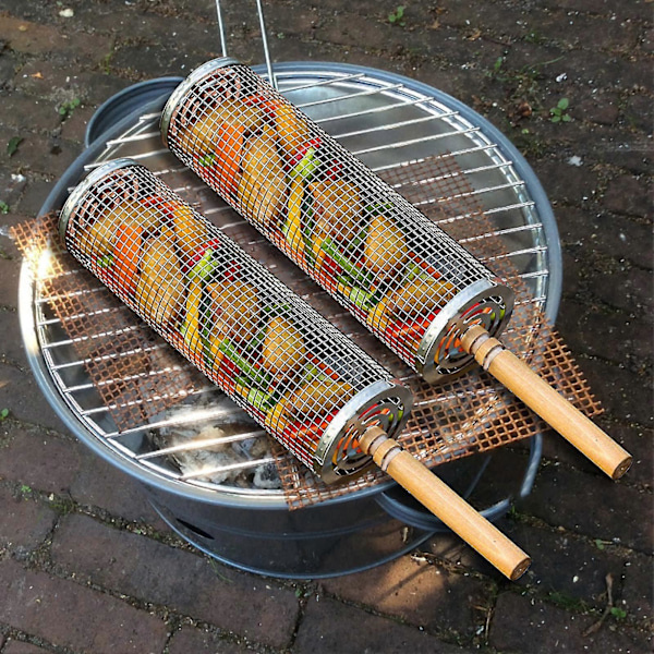 2 stk. BBQ Kurv Rullende Grillkurver med Trehåndtak Rustfritt Stål Mesh Grillverktøy Lett å Rengjøre Utendørs Grilltilbehør