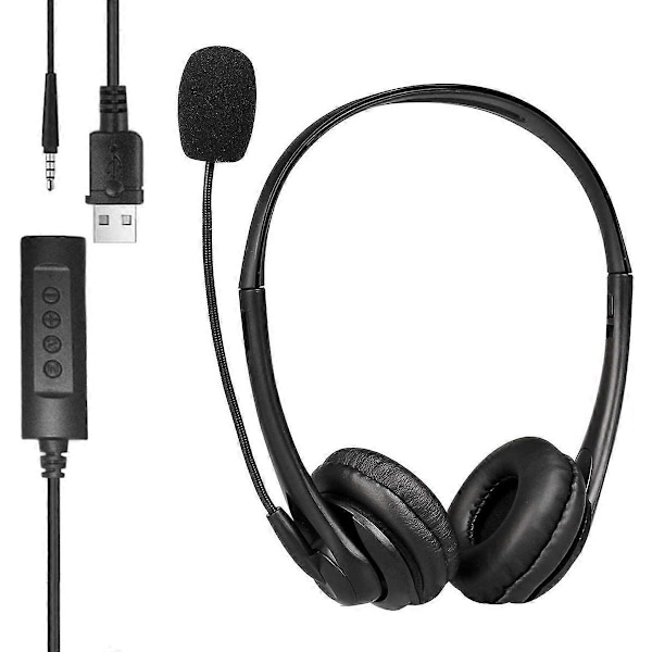 USB Headset med støjreducerende mikrofon og 3,5 mm jack 2 i 1, Headset til PC, Headset til spil, Skype, Call Center, Kontorcomputer, Klar stemme