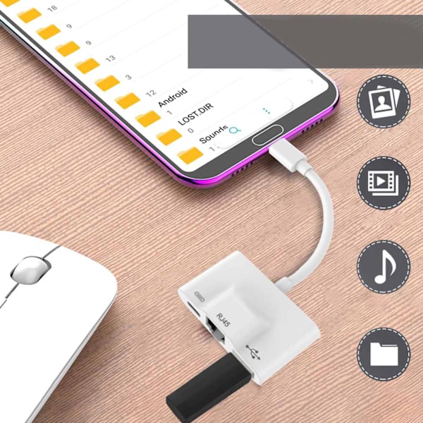 USB till Ethernet-adapter 3 i 1 Typ C nätverkskortkonverter Mobiltelefonanslutning till Ethernet-nätverkskabelkonverter