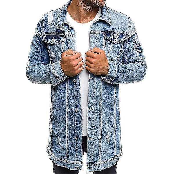 Långärmad sliten denimjacka med fickor - Herrmode ytterkläder M ljusblå