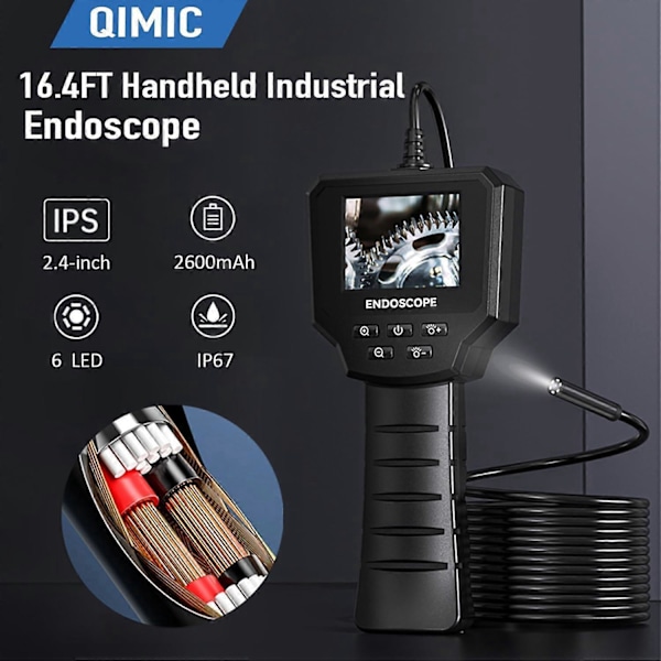 Industriellt Endoskop - 2,4 tums IPS Boroskop Inspektionskamera, 1440P HD 2,0 MP Endoskopkamera med 6 Justerbara LED, Digitalt Endoskop 8mm IP67 W