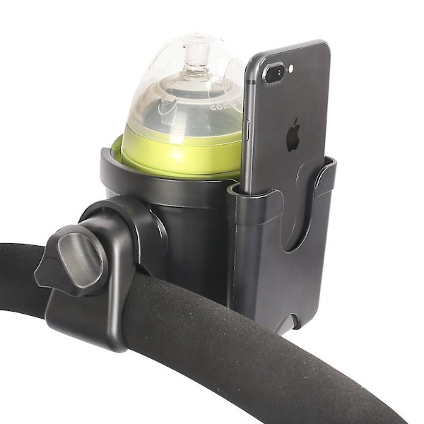 Barnevognskopholder med Telefonholder - Universal Holder til Barnevogn, Cykel, Rollator, Rollator, Scooter (Sort, 2 stk)