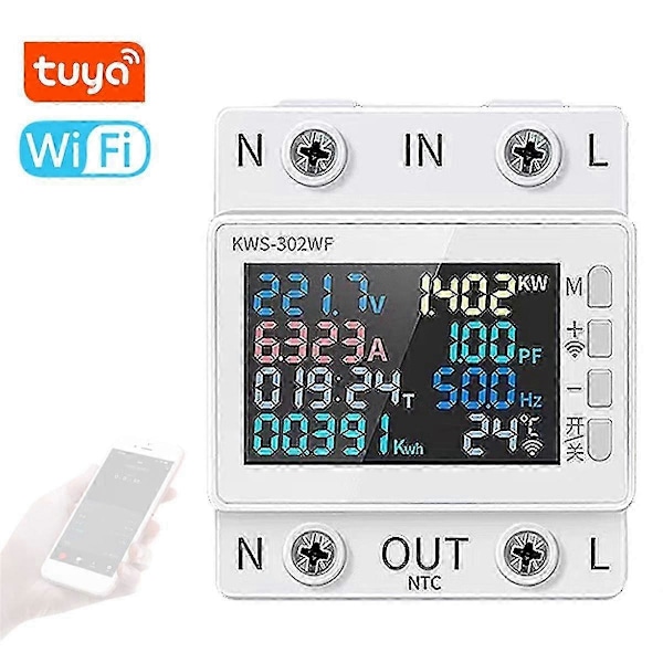 Tuya WiFi Strömmätare Färgskärm 2P Multifunktion AC Energimätare Mobiltelefon Fjärrkontroll APP Kontroll 170-300V/63A - B