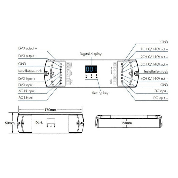 4-kanals DMX512 till 1-10V / 0-10V omvandlare, DC 12V-24V ingång