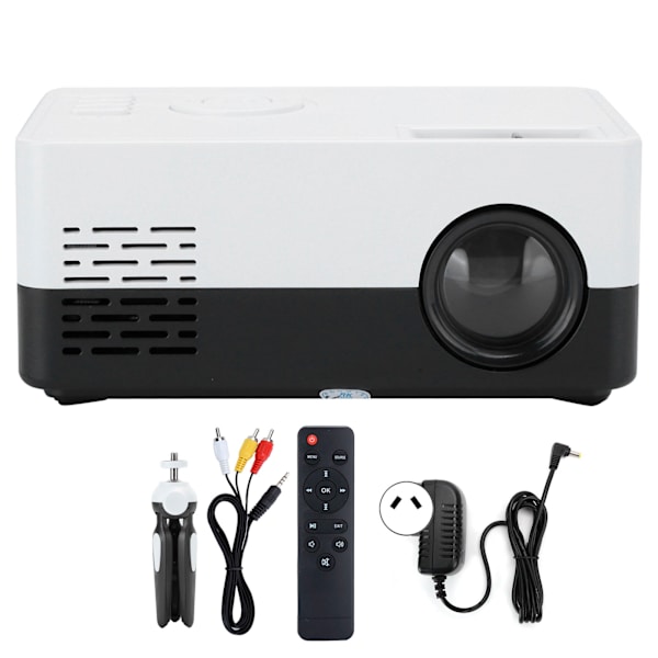 Mini bærbar projektor LED hjemmekino videomediespiller projektor med stativ 100‑240V svart hvit AU-plugg