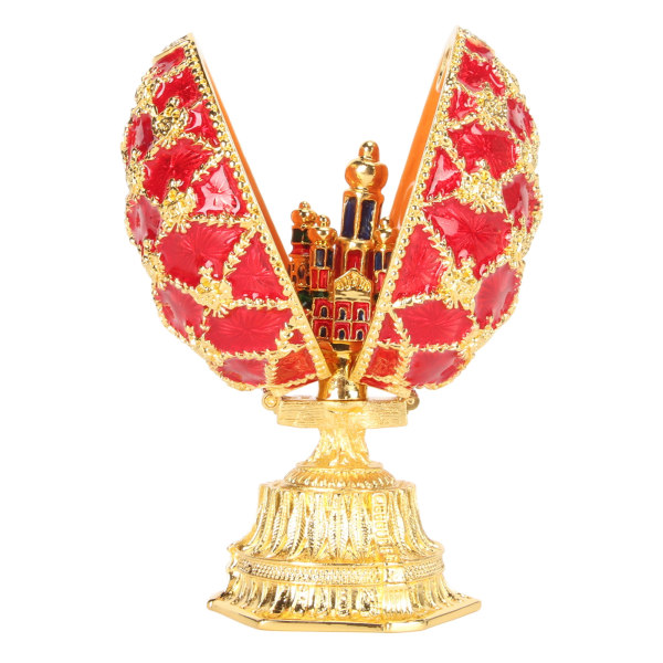 Håndmalt emaljert Faberge-stil dekorativt hengslet smykkeskrin for hjemmeinnredning Rød