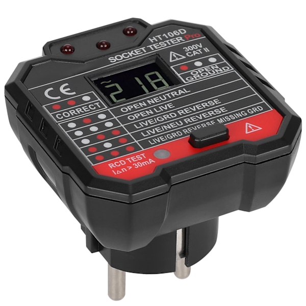 HT106D Digital Display Socket Detector Bærbar Fase Strøm Polaritet Tester EU Plugg 110-220V