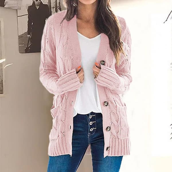 Twist Pattern V-hals Strikket Cardigan Genser for Kvinner M Rosa