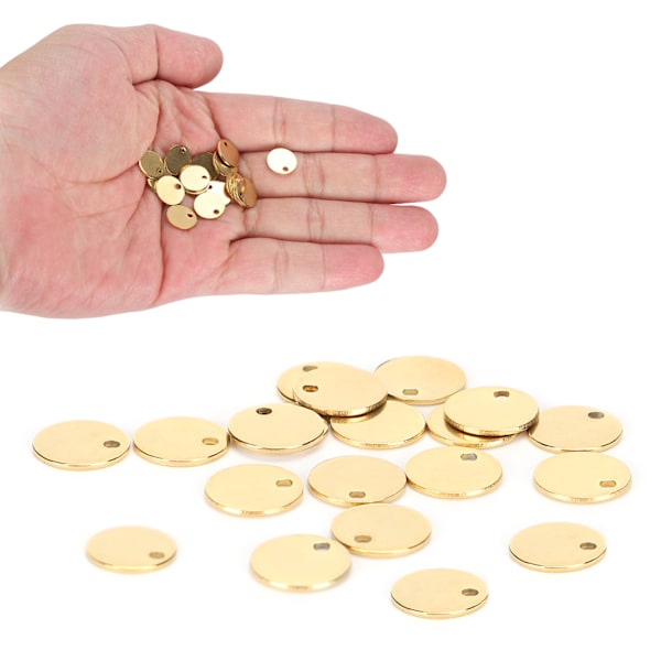 20 stk rustfritt stål rundt anheng DIY hundemerker med hull smykketilbehør Gull 10 mm