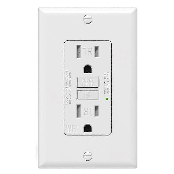 GFCI Uttag 15 Ampere, Självtestande GFI Elektriskt Uttag, Barnsäkert GFCI Vägguttag med Väggplatta Vit