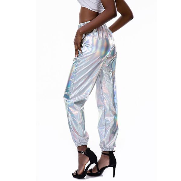 Trendikkäät naisten holografiset streetwear-klubihousut S valkoinen