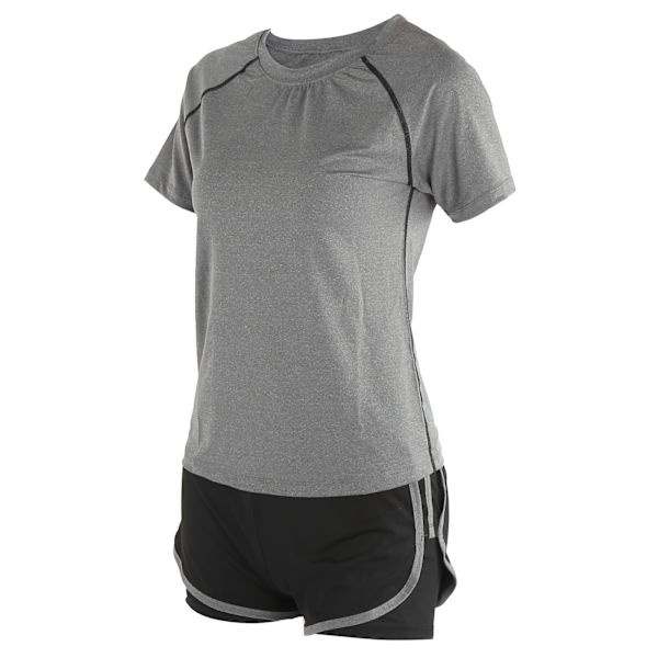 Dam sommar casual 2-delad kortärmad outfit set träningskläder fitness kläder set grå kortärmad + svart grå hög midja shorts L