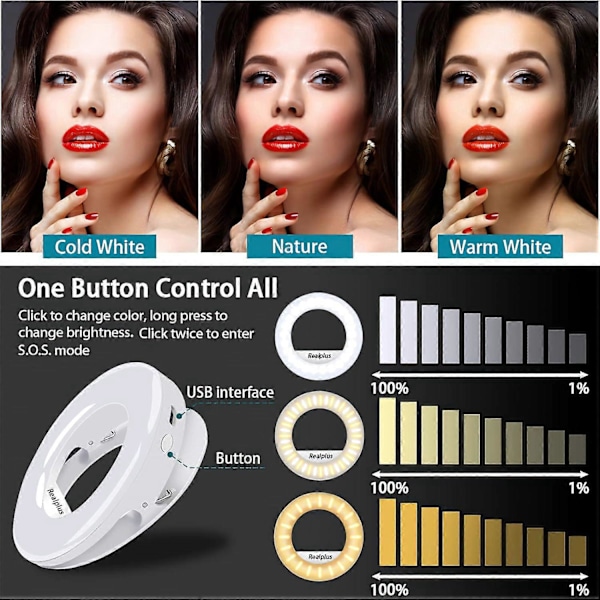 Selfie Ring Light, Clip-on Ring Light [Genopladelig] med 3 Farver & 40 LED'er, Dæmpbar Selfie Lys til Telefon, Tablet, Laptop, Zoom Møde