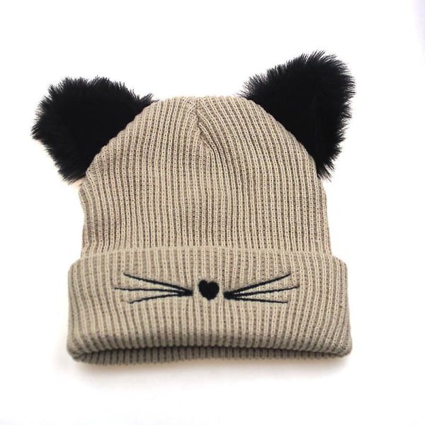 Stickad kattöron Mössa Vinter varm cap för kvinnor - Khaki