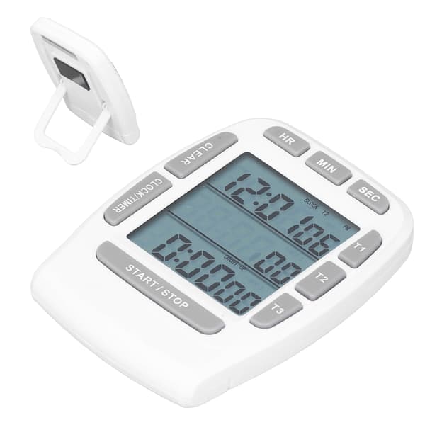 Trippel Timer Klokke Nedtelling Opp 4.0x4.4cm LCD-skjerm Multifunksjon Hvit Innebygd Batteri