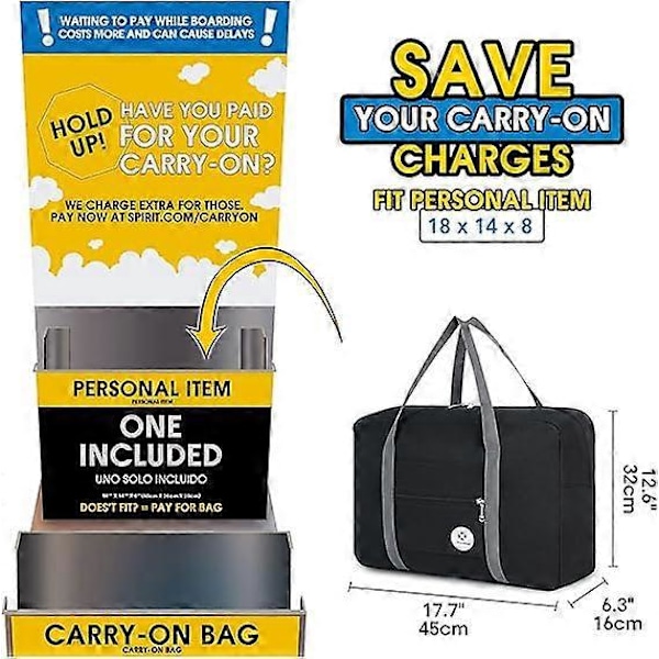 For Spirit Airlines Personlig Veske 18x14x8 Sammenleggbar Reisebag Duffel Tote Håndbagasje Overnatting Bag Unisex Svart