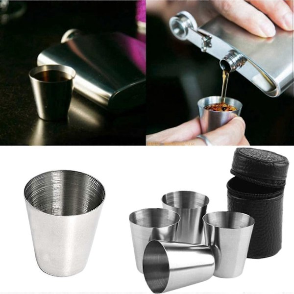 4 stk. 30 ml Shotglas i rustfrit stål, ubrydelige vinglas, snapsglas med 1 stk. bærbar sort læderetui sæt