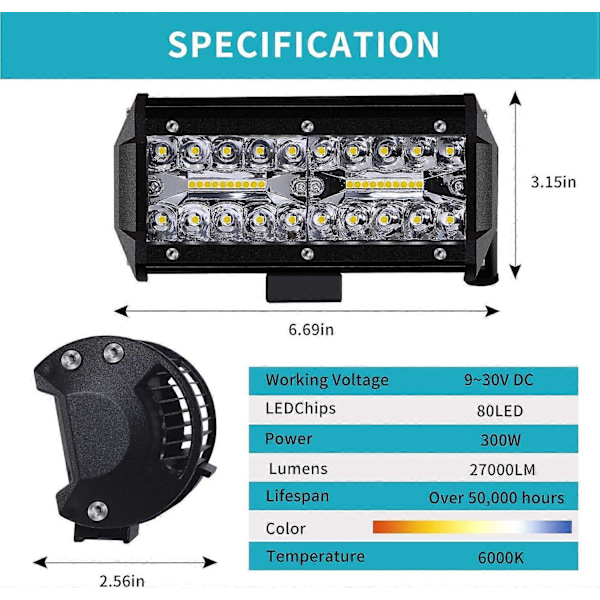 2025 Sopiva LED-työvalo 12V 300W 7' Auton LED-kohdevalo 12V Vedenpitävä IP67 Kohde- ja leveä valokeila LED-sumuvalo 27 000lm