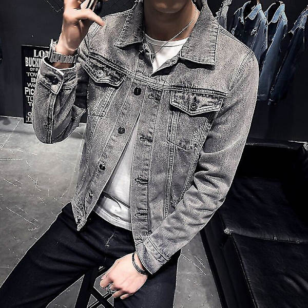 Retro herre denim jakke med huller XXL FARVE grå
