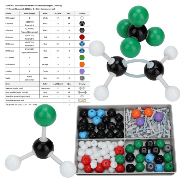 179 stk Molecular Organic Uorganisk Structure Kit Atom Link Model Sett for Student Teacher