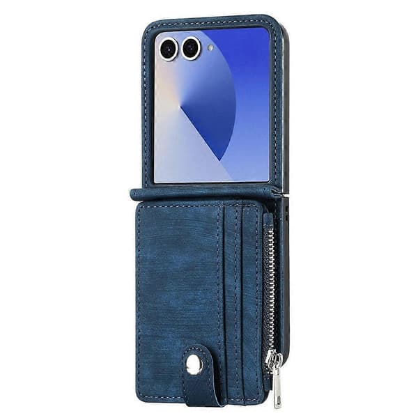 Compatible with Samsung Galaxy Z Flip8 Case Detachable 2-in-1 Card Slots Zipper Leather + PC Phone Case Blue