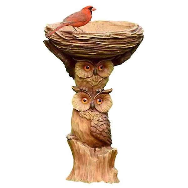 Hindbær Fuglefoderbræt, Fuglebad, Ugle Stil Udendørs Fuglevander, Håndlavet Resin Håndværk, 14*14*22cm