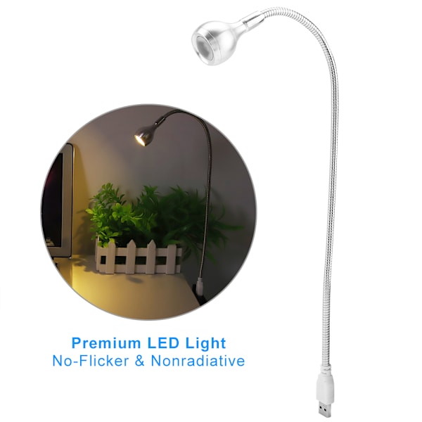 1 W pitkä, joustava kaula kannettava USB LED-valo yölukulamppu (hopea, lämmin valkoinen)