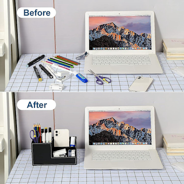 Læder skrivebordsarrangør - Sort, pladsbesparende penneholder med 3 rum - Perfekt til penne, hæftemaskiner, mapper, klæbemidler og telefoner