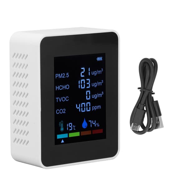 Multifunksjonell 6 i 1 CO2-måler Luftkvalitetsmonitor Temperatur PM2.5 TVOC HCHO Detektor USB-lading Hvit