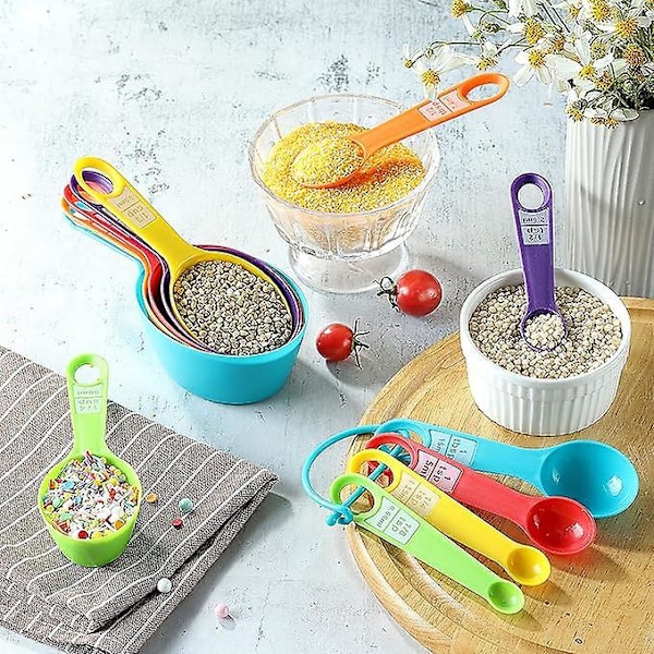 12 st Mätkoppar, Little Cook Färgglada Mätkoppar och Skedar Set, Stapelbara Mätskedar, Nesting Plast Mätkopp, köksmätning
