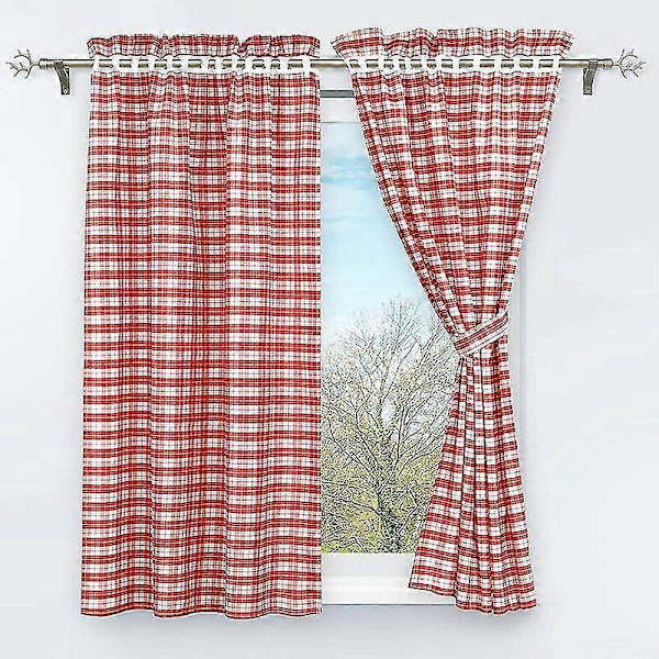 Mörkläggningsgardiner Set om 2 med Rutiga Fönsterdekorationer - Inredning Sovrum Röd - H/B 120/80cm