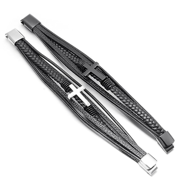 Flersträngat läderarmband med korshänge i rostfritt stål - Set om 2 (21 cm)