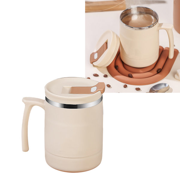 500 ml isolert kaffekopp med lokk, sammenleggbar skje, rustfritt stål, termokopp for te, varm kakao, kald drikke, beige